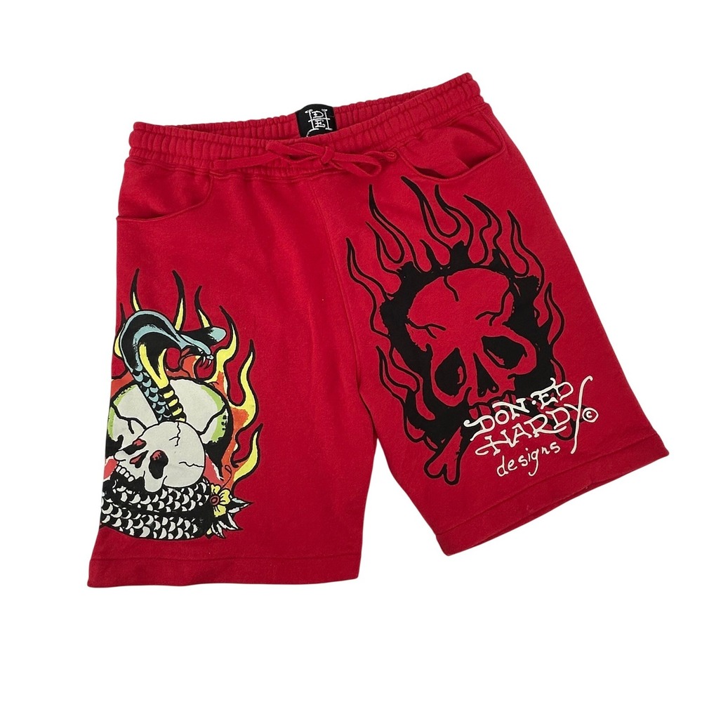 Ed Hardy Mens Red Skull Dragon Cobra Graphic Sweat Shorts‎ Size Medium